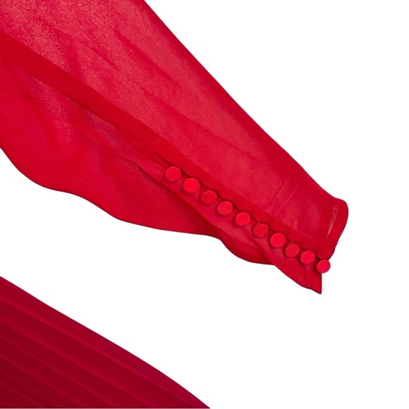 SELF PORTRAIT DARK RED CROSS FRONT LONG SLEEVE PLEATED SKIRT LACE MIDI DRESS - Picture 14 of 15